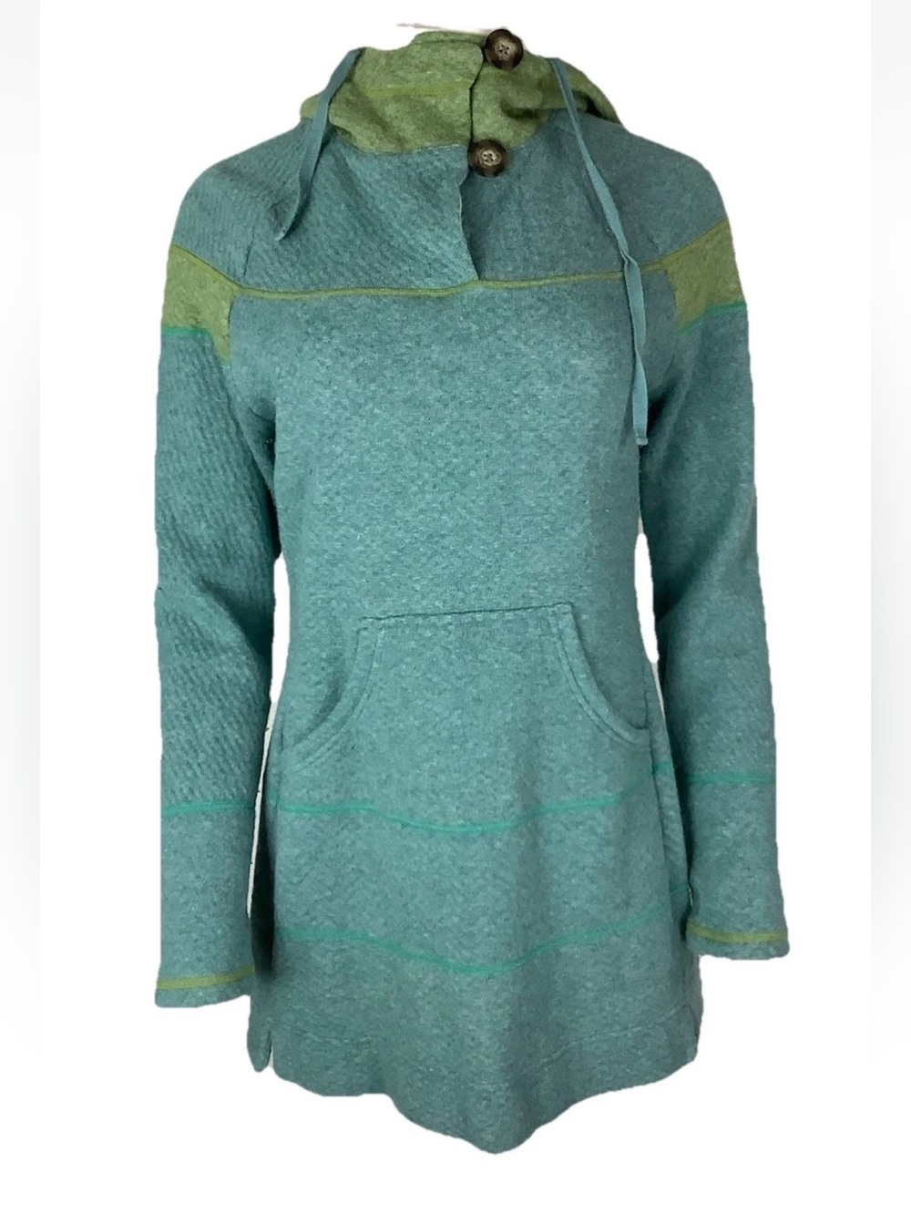 Prana Sz L Hooded Wool Blend Tunic Henley Neck Outdoors Hiking Sweater Green